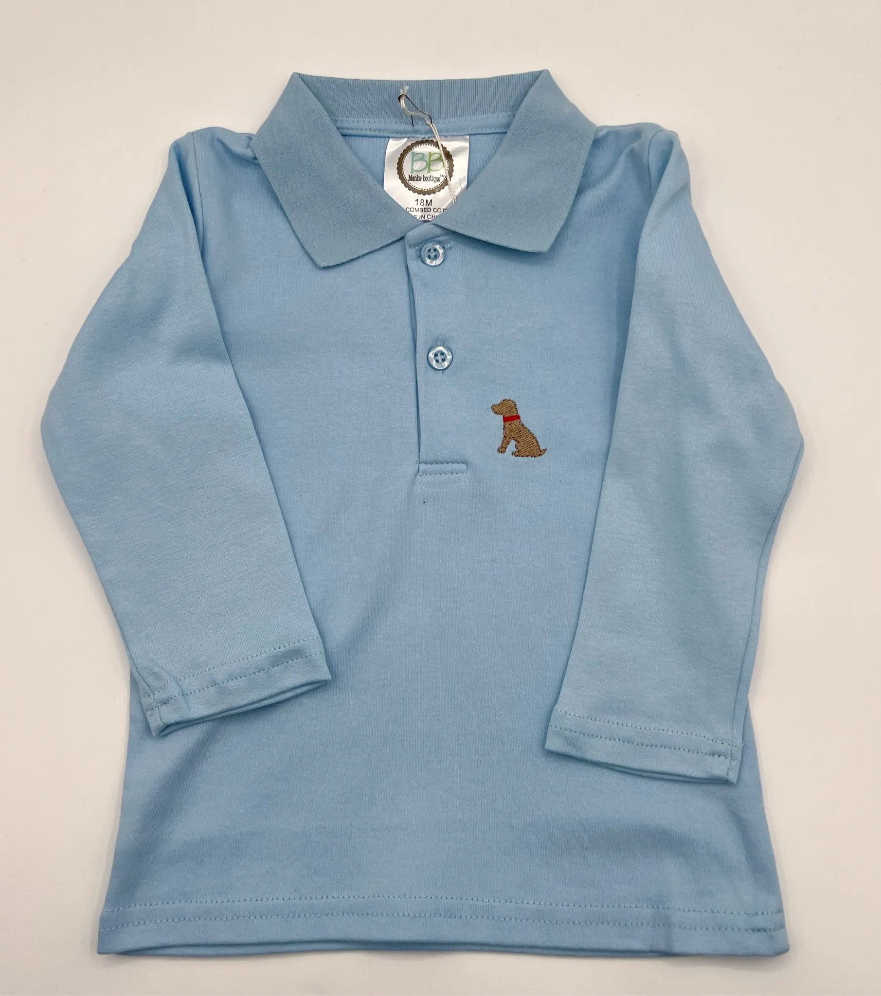 2 T - Polo Shirt Long Sleeve Blue w/Embroidered Dog