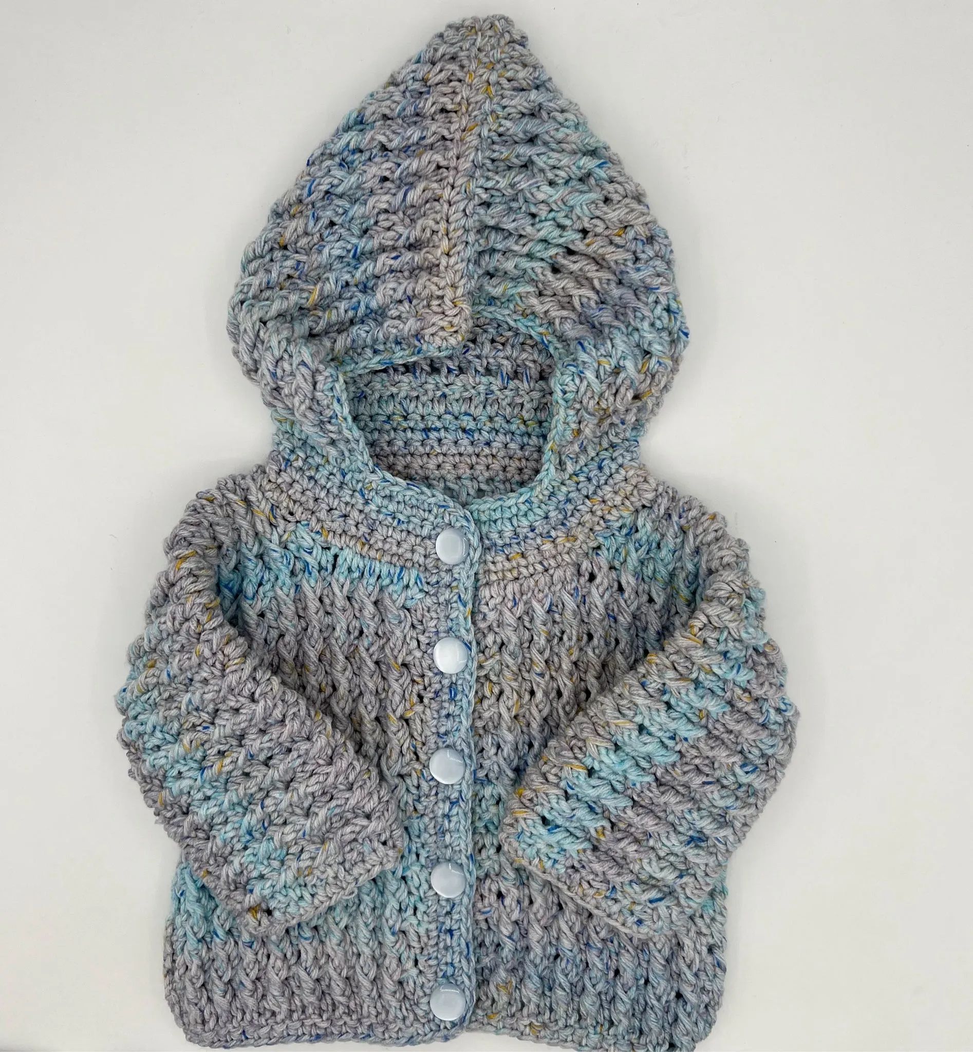 9-12 M Blue Multi Acrylic Crochet Cardigan with Hood