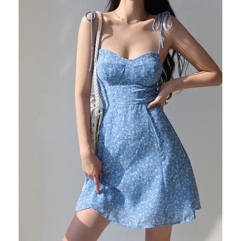 A-line Retro Lace-up Suspender Floral Slim Vacation Casual Fit Women Style Dress Skirt Dress