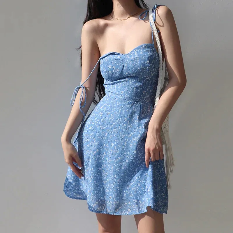 A-line Retro Lace-up Suspender Floral Slim Vacation Casual Fit Women Style Dress Skirt Dress