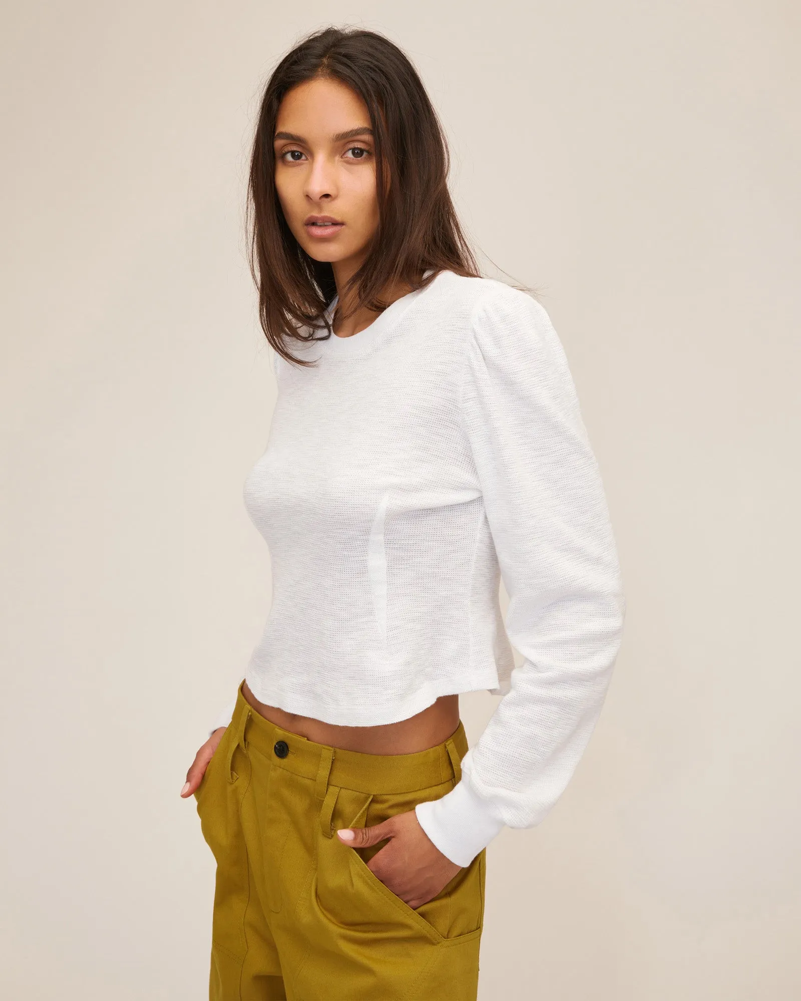 Blair Waffle Knit Puff Sleeve Pullover in White