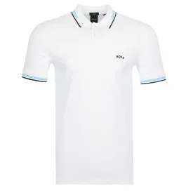 BOSS Paul Curved Polo Shirt in White & Aqua