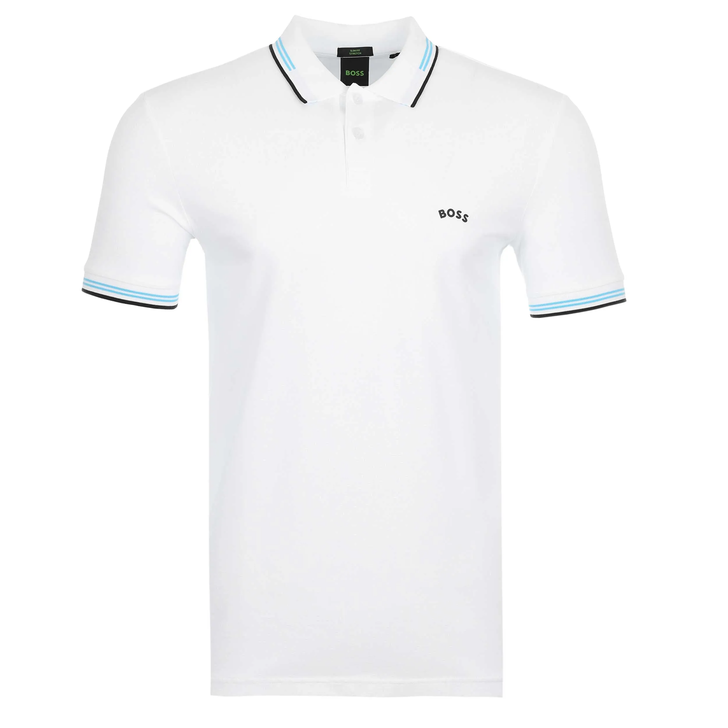 BOSS Paul Curved Polo Shirt in White & Aqua