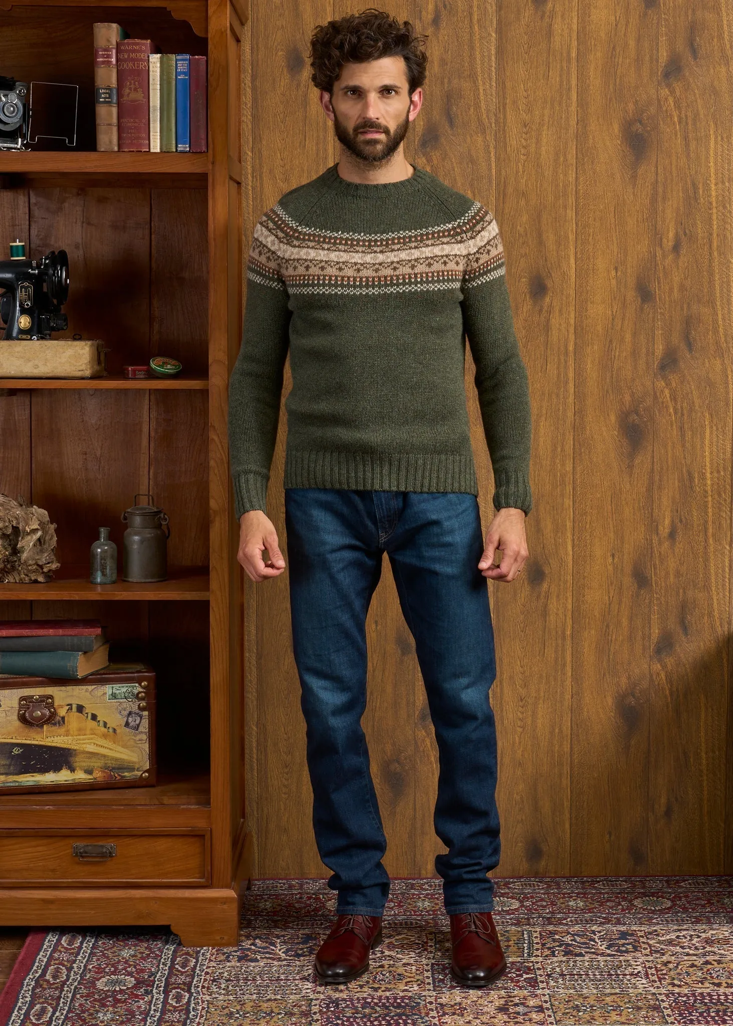 Buckie Shetland Fair Isle Yolk Crew Neck - Moorland Base