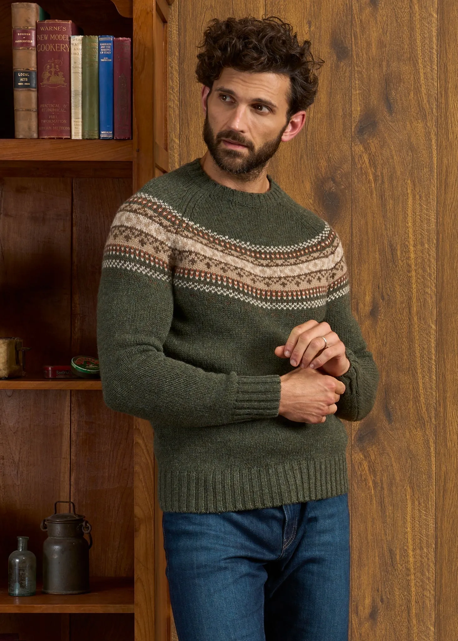 Buckie Shetland Fair Isle Yolk Crew Neck - Moorland Base