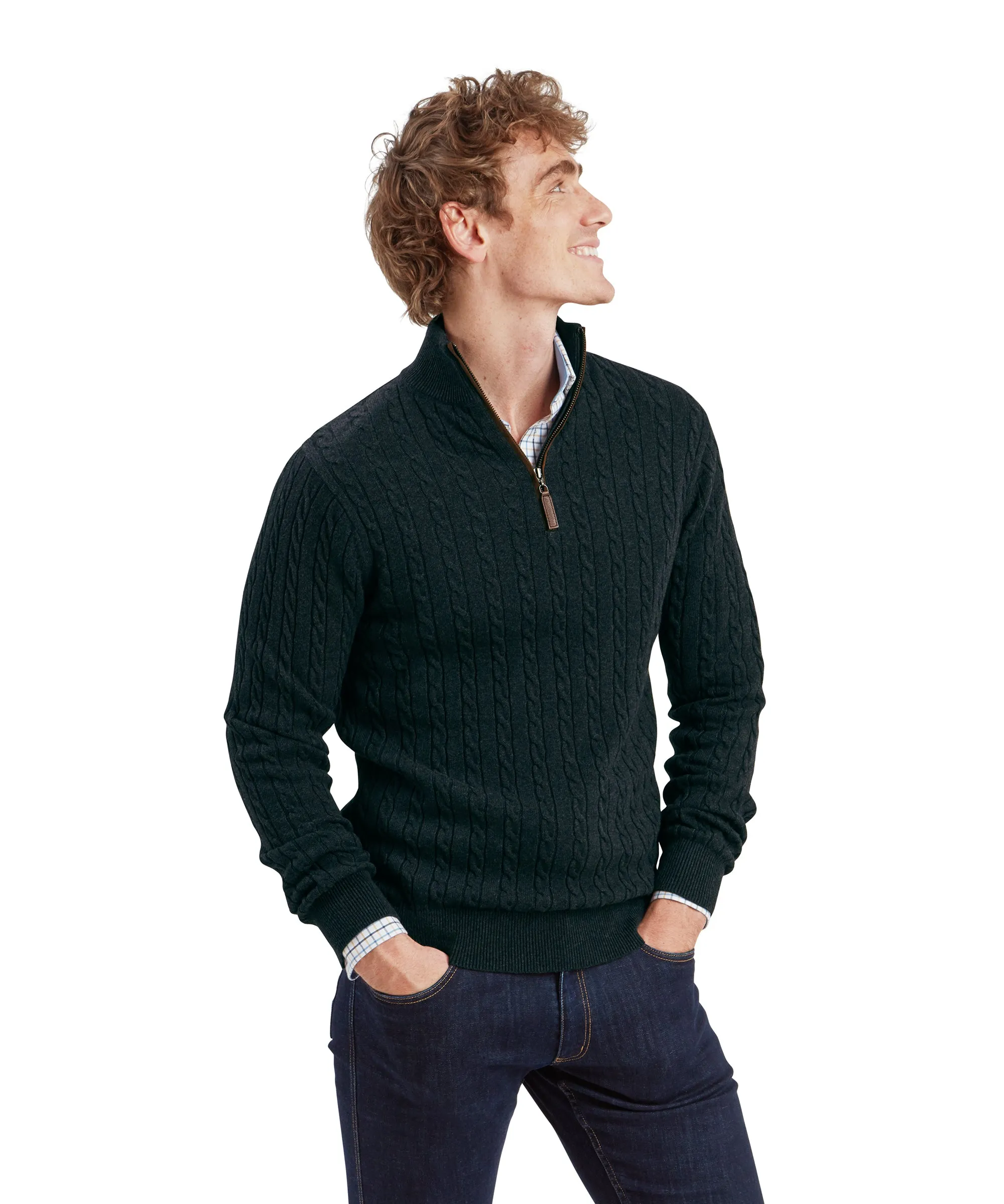 Calton Cotton Cashmere Cable Quarter Zip Jumper - Charcoal