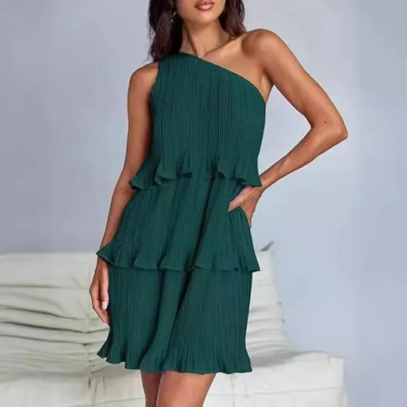 Chic A-line Summer Women's 2024 New Sloping Shoulder Layered Ruffle Edge Patchwork Hem Solid Mini Dress