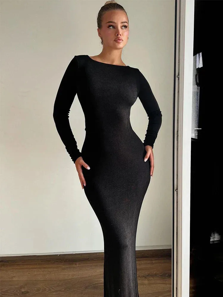 Elegant Long Slim Bodycon Backless Nightclub Sexy Autumn Winter Maxi Dress