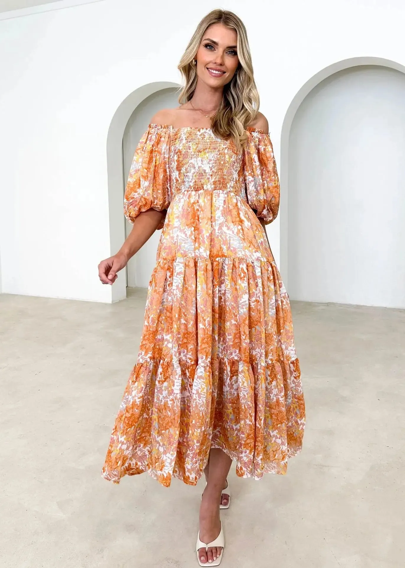 Elegant Printed Women Backless Slash Neck Maxi Dress