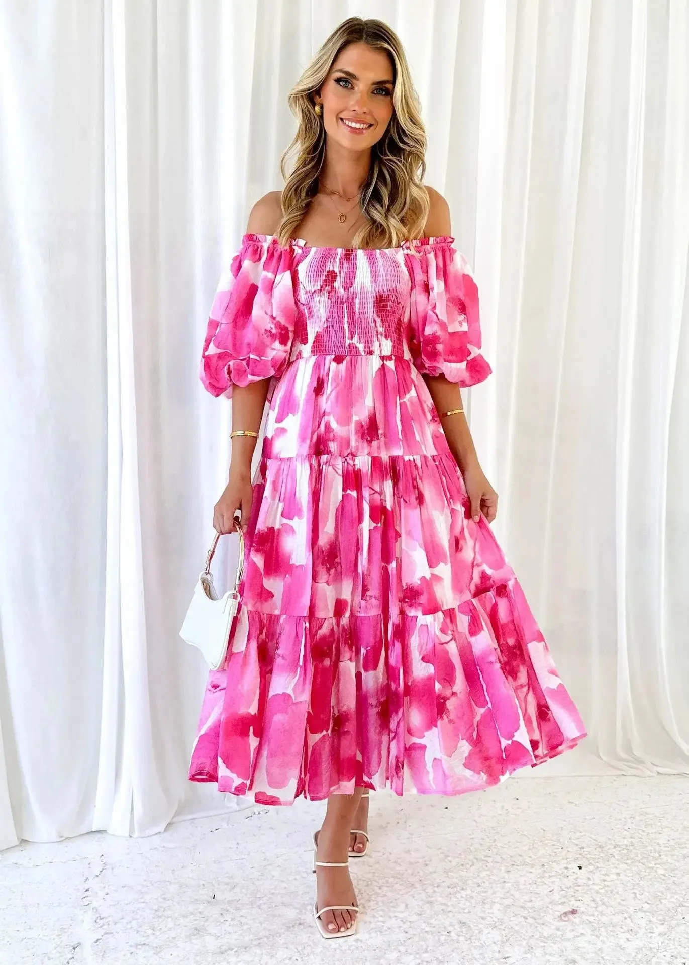 Elegant Printed Women Backless Slash Neck Maxi Dress