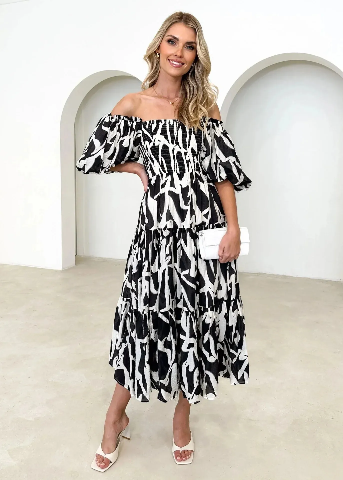 Elegant Printed Women Backless Slash Neck Maxi Dress