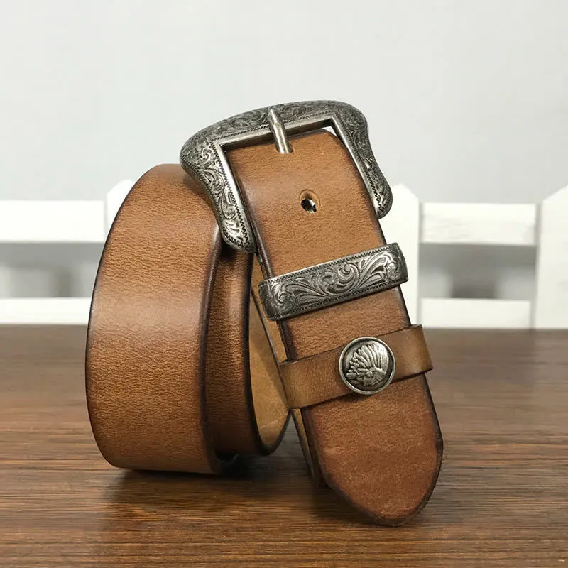 Engraved Floral Indian Element Loop Leather Belt