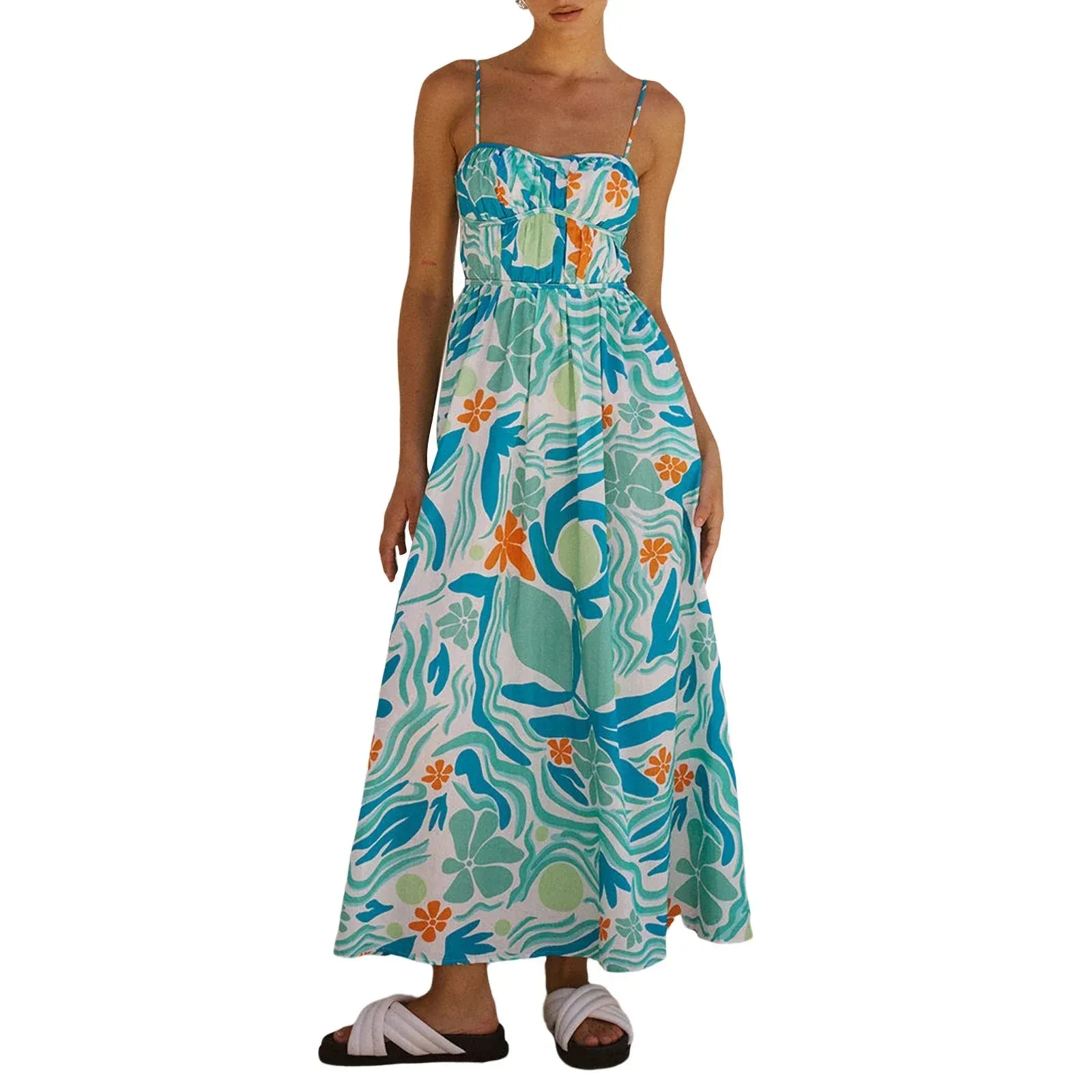 Floral Print Long Beach Sleeveless Spaghetti Strap Ruched Going Out A-Line Maxi Summer Dress