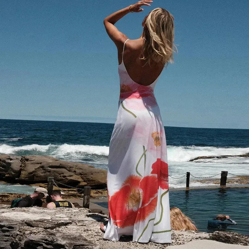 Floral Print Spaghetti Straps Backless Maxi Dress for Summer Beach Party