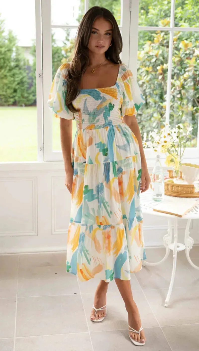 Floral Print Summer 2024 Square Neck Puff Sleeve Midi Dress