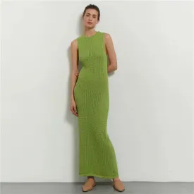 Green Knitted Summer Sexy Hollow Out Sleeveless Maxi Dress for Beach