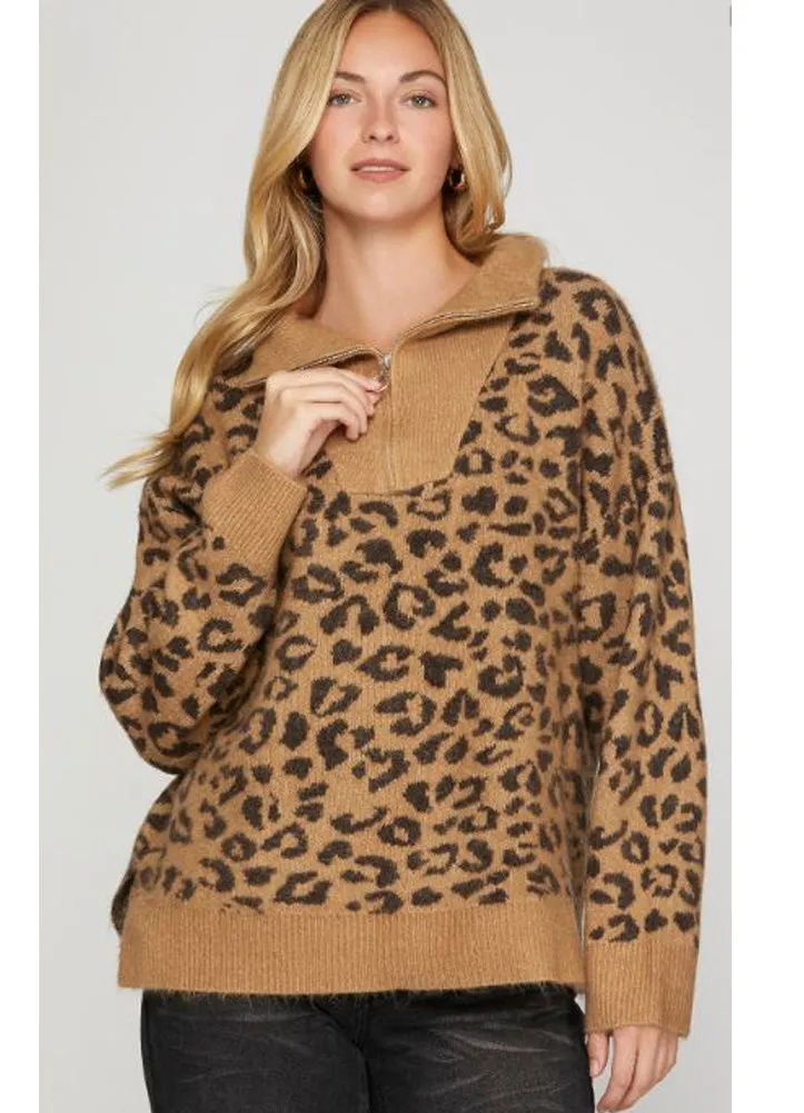 Half Zip Leopard Sweater in Camel by She   Sky