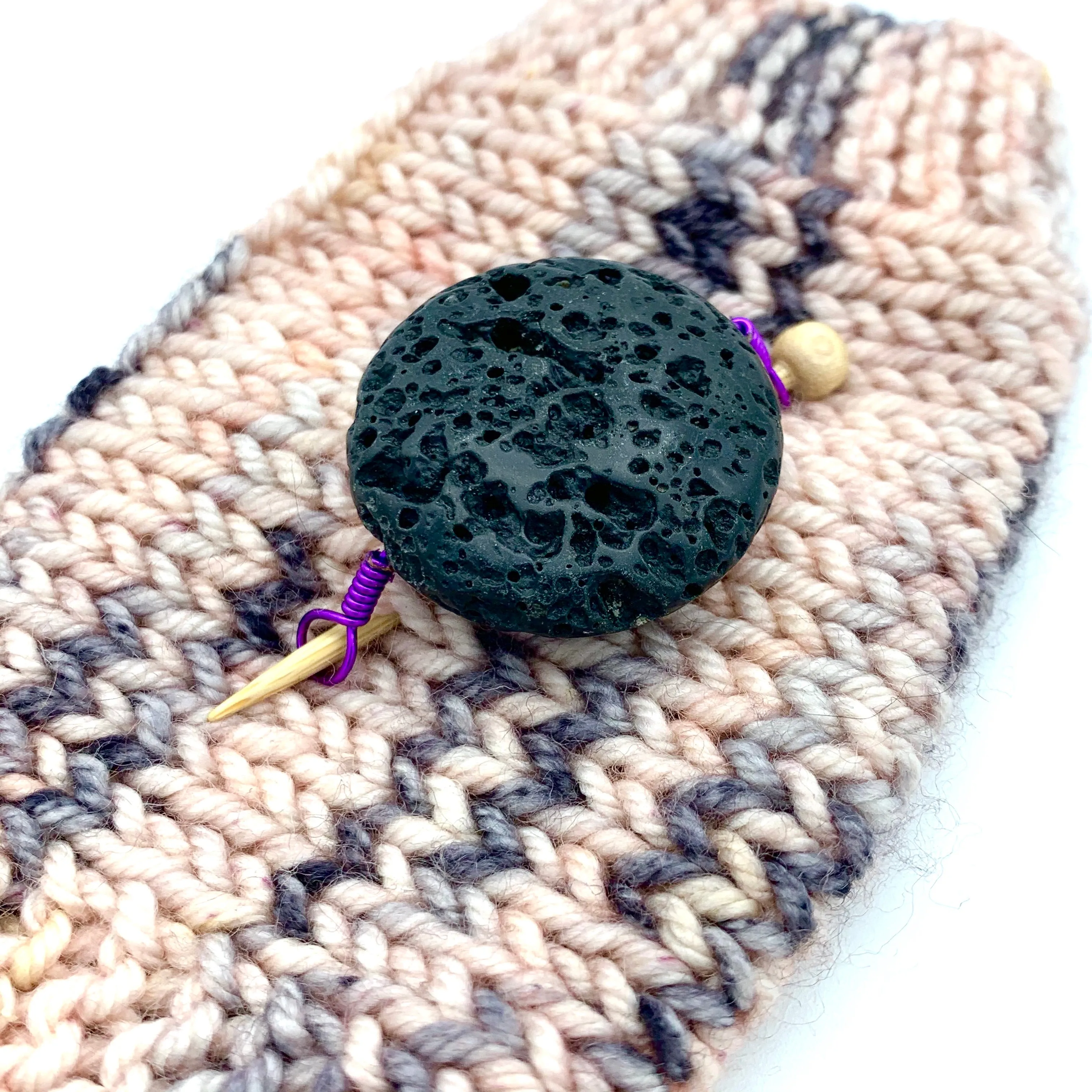 Handmade Natural Stone Shawl Pin ~ Lava Stone with Purple Wire