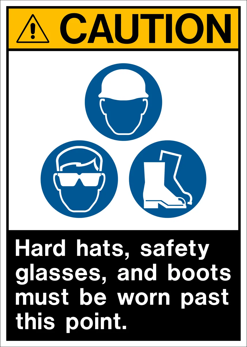 Hard Hats Safety Glasses and Boots Must be Worn ANSI Layout Caution Sign