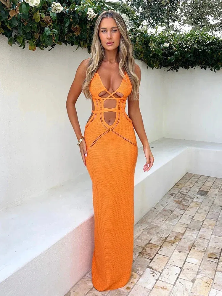 Hollow Out Nightclub Party Spaghetti Strap Summer Strapless Elegant Long Maxi Dress