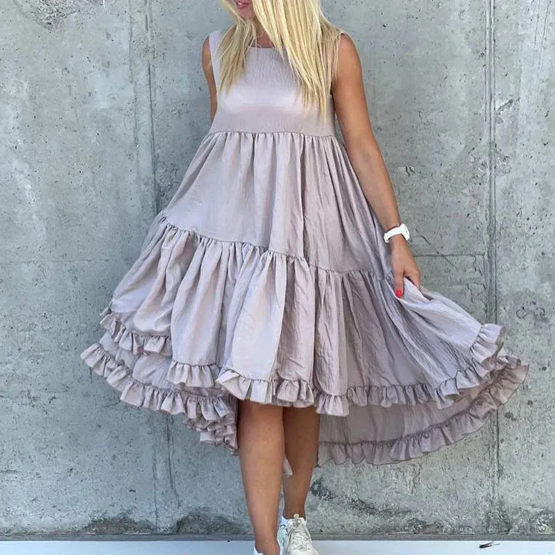 Hollow Out Solid Color Vest Casual O-neck Ruffled Swing High Waist Pleated Party Summer Sexy Dress