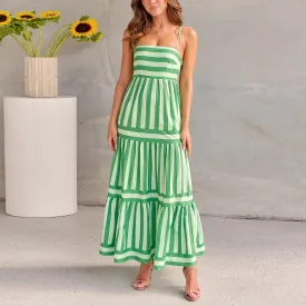 Long Tiered Sleeveless Spaghetti Strap Square Neck Striped Summer Bohemian Dress