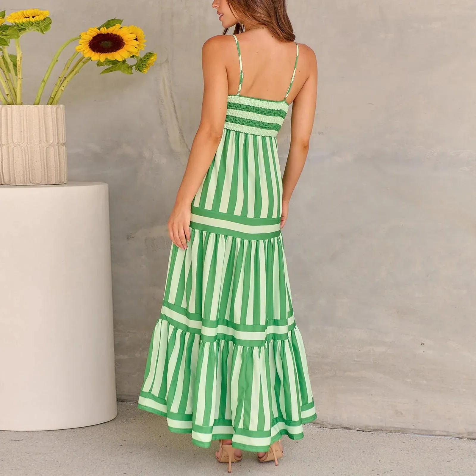 Long Tiered Sleeveless Spaghetti Strap Square Neck Striped Summer Bohemian Dress