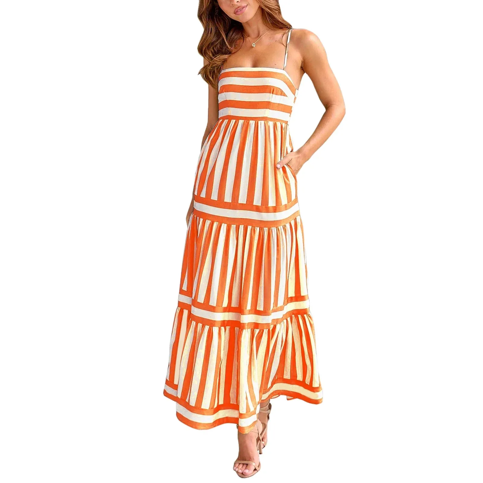 Long Tiered Sleeveless Spaghetti Strap Square Neck Striped Summer Bohemian Dress