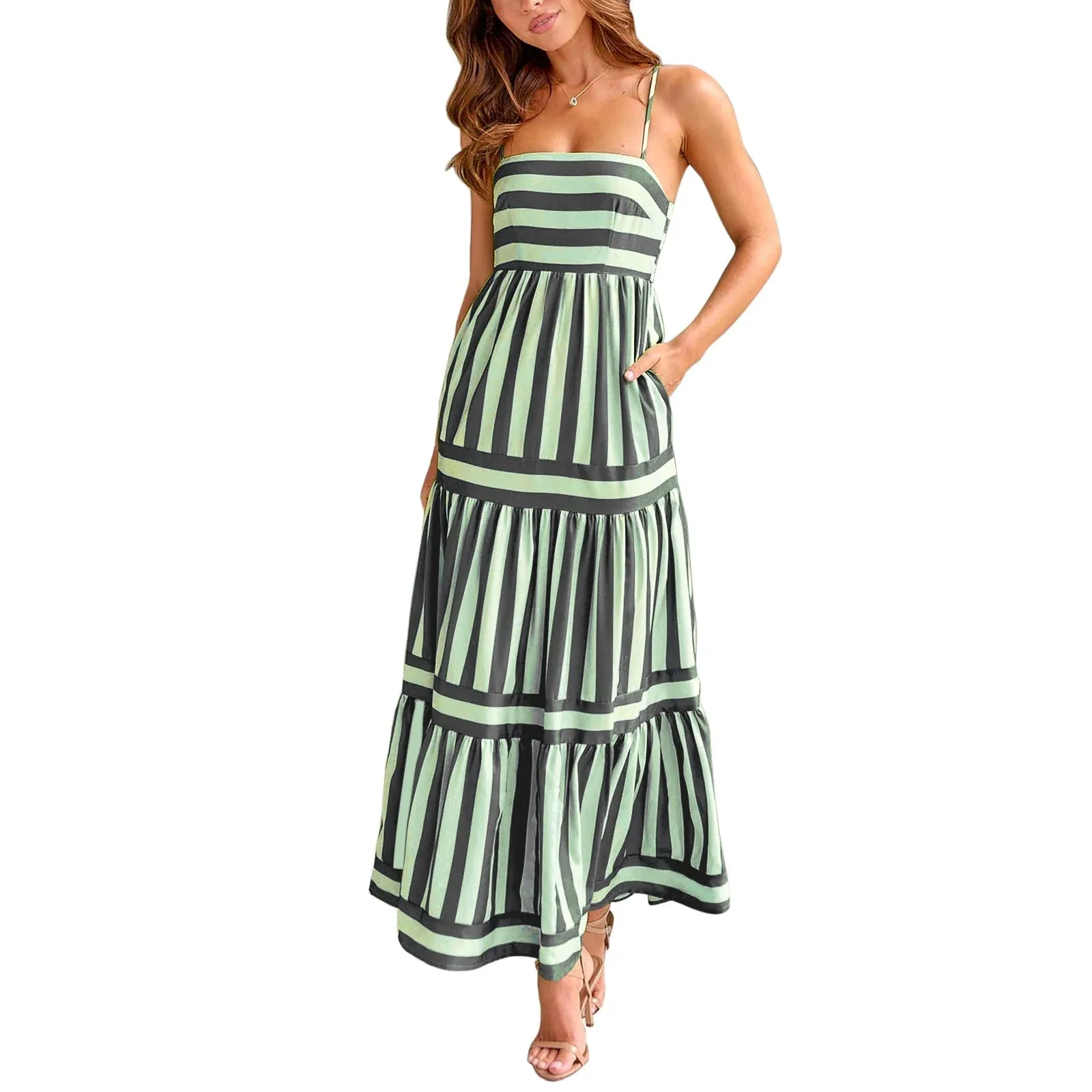 Long Tiered Sleeveless Spaghetti Strap Square Neck Striped Summer Bohemian Dress