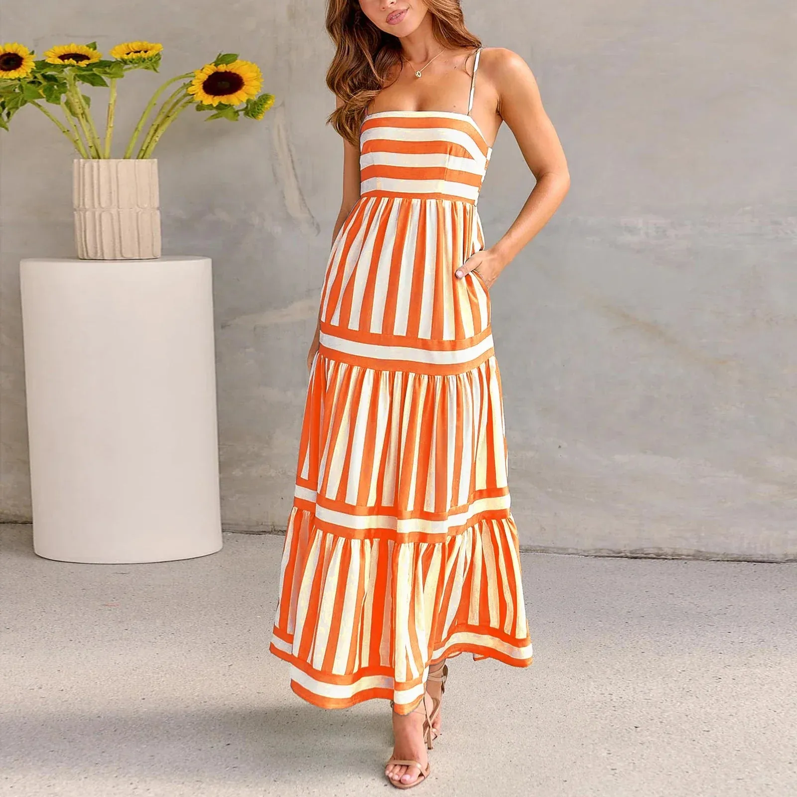 Long Tiered Sleeveless Spaghetti Strap Square Neck Striped Summer Bohemian Dress