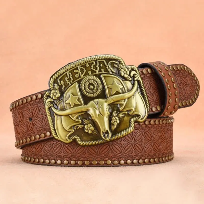 Men's Antique Longhorn Steer Rivet Leather Belt