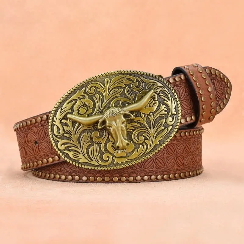 Men's Bull Head Rivet Embossed Leather Belt