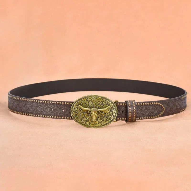 Men's Bull Head Rivet Embossed Leather Belt