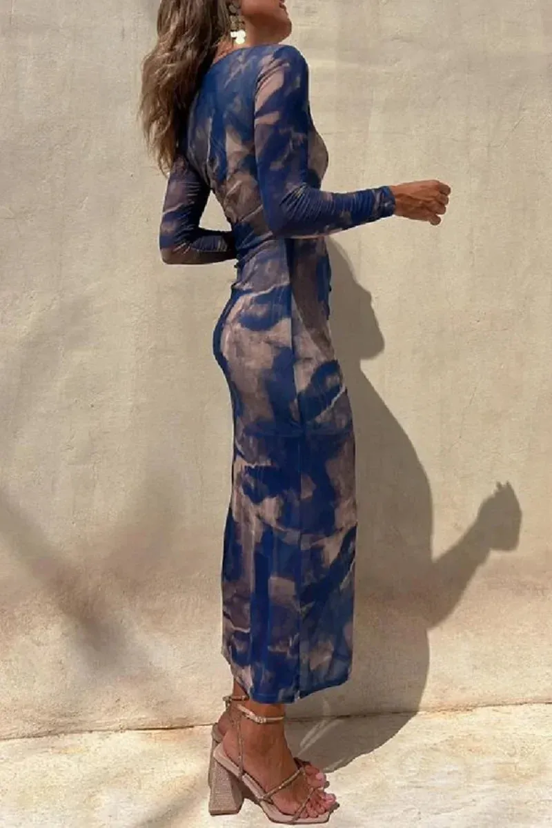 Mesh Long Sleeve Split Maxi Dress with Sexy Print