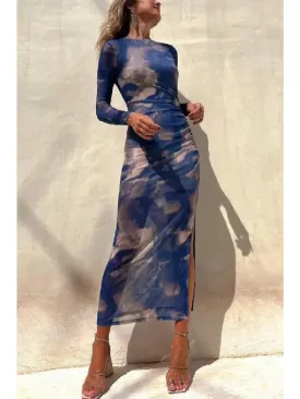 Mesh Long Sleeve Split Maxi Dress with Sexy Print