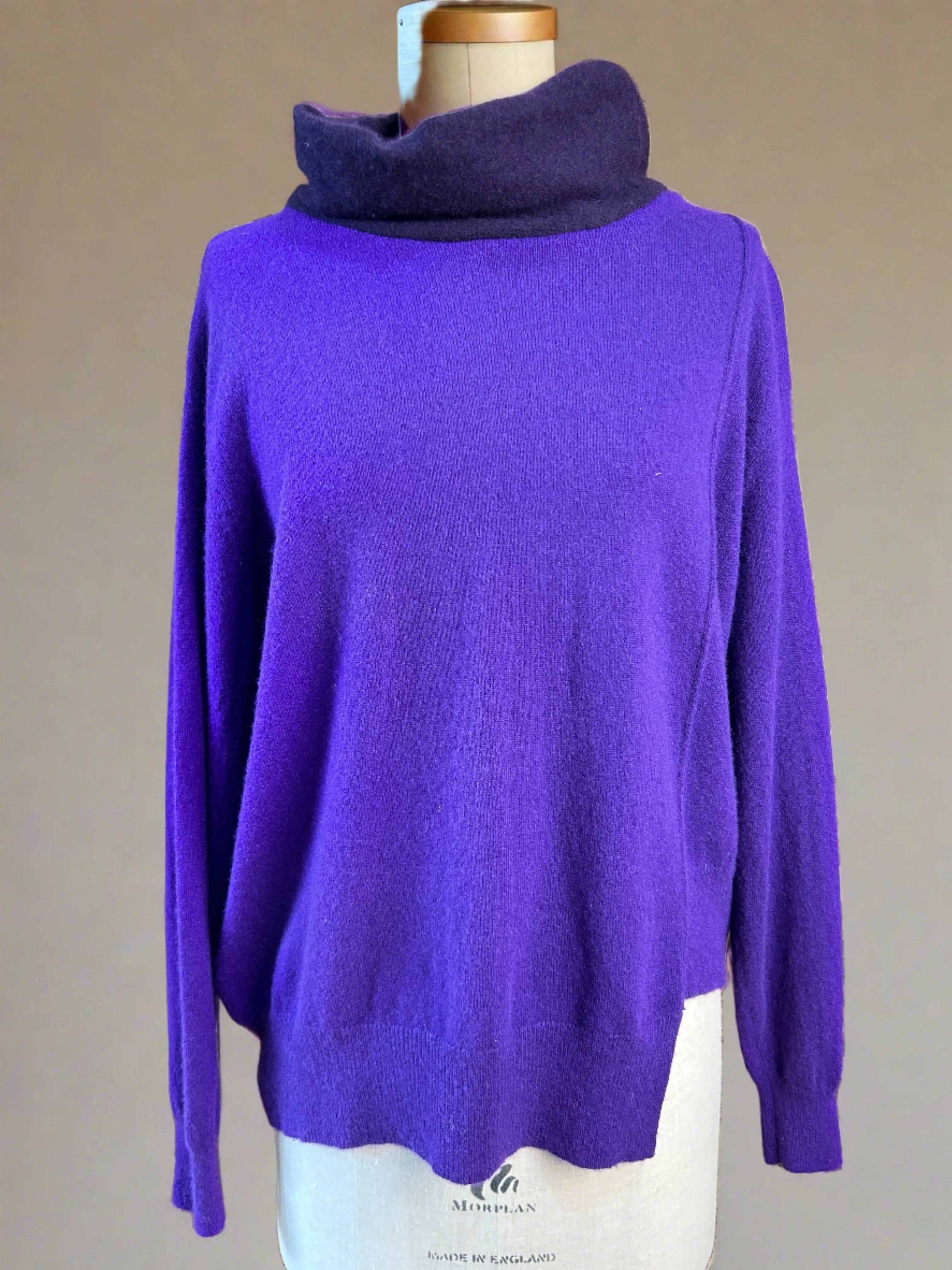 Nimpy Clothing upcycled 100% cashmere rich purple boxy jumper with snood collar large