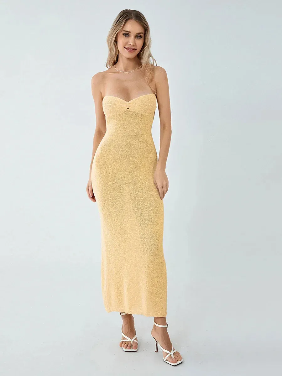 Off Shoulder Knit Tube Strapless Twist Front Tie Back Midi Bodycon Summer Casual Sexy Dress