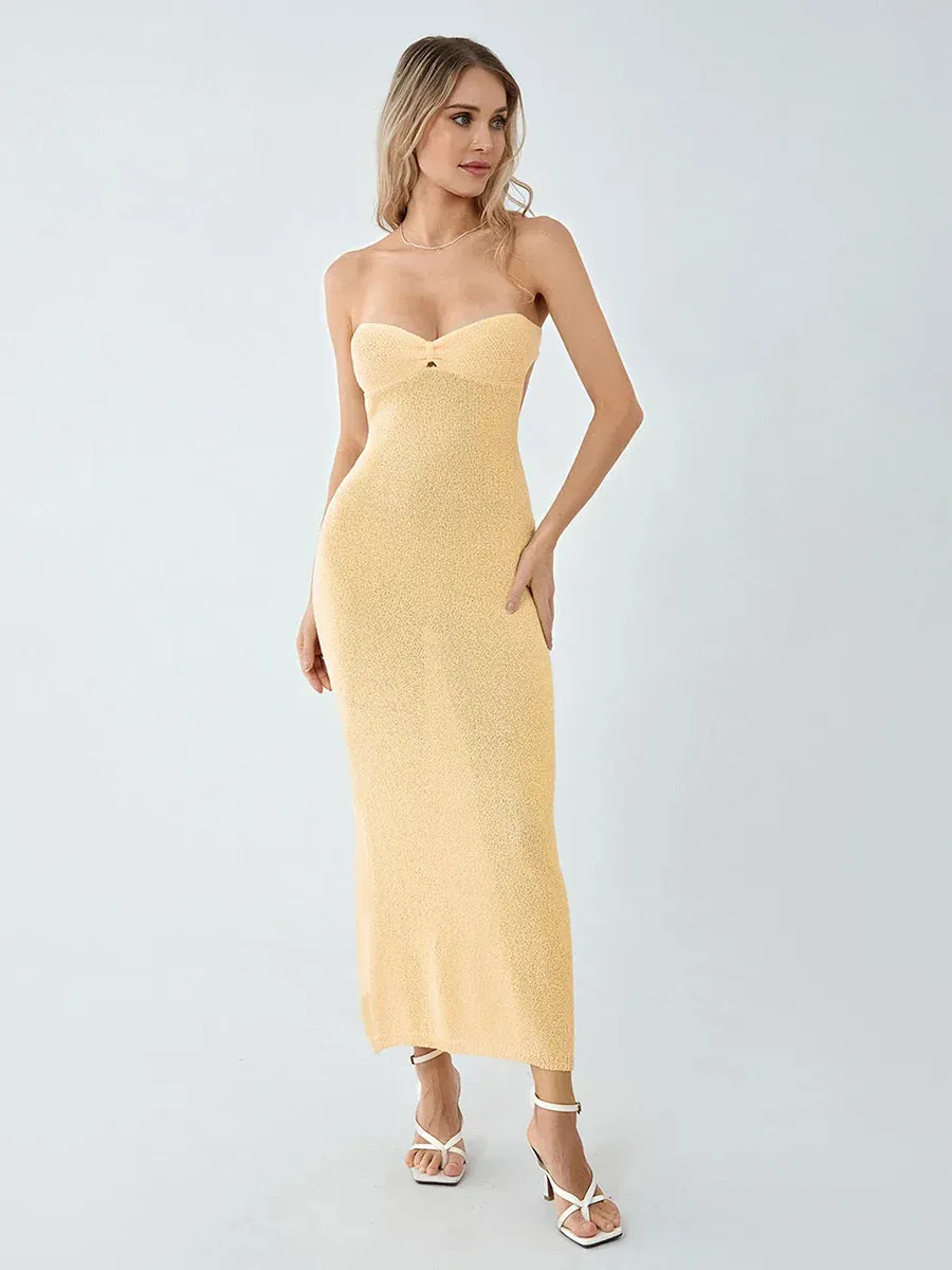 Off Shoulder Knit Tube Strapless Twist Front Tie Back Midi Bodycon Summer Casual Sexy Dress