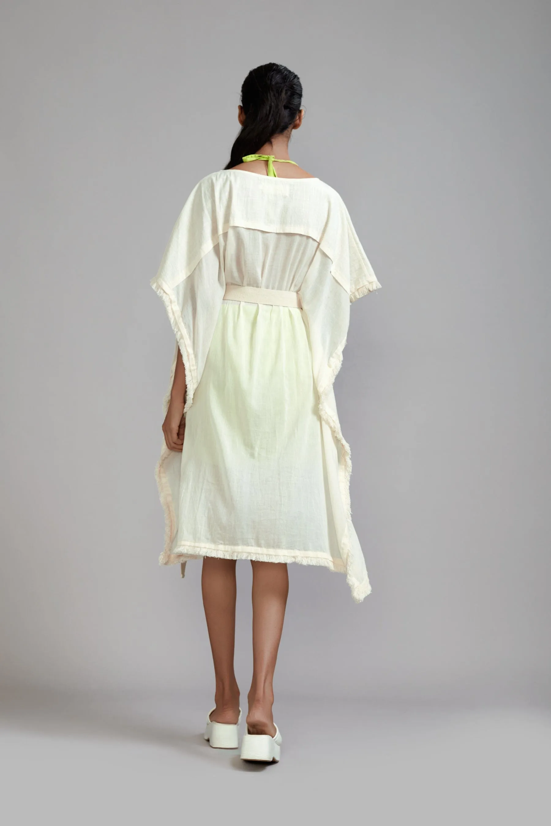 Off-White wIth Neon Green Fringed Kaftan