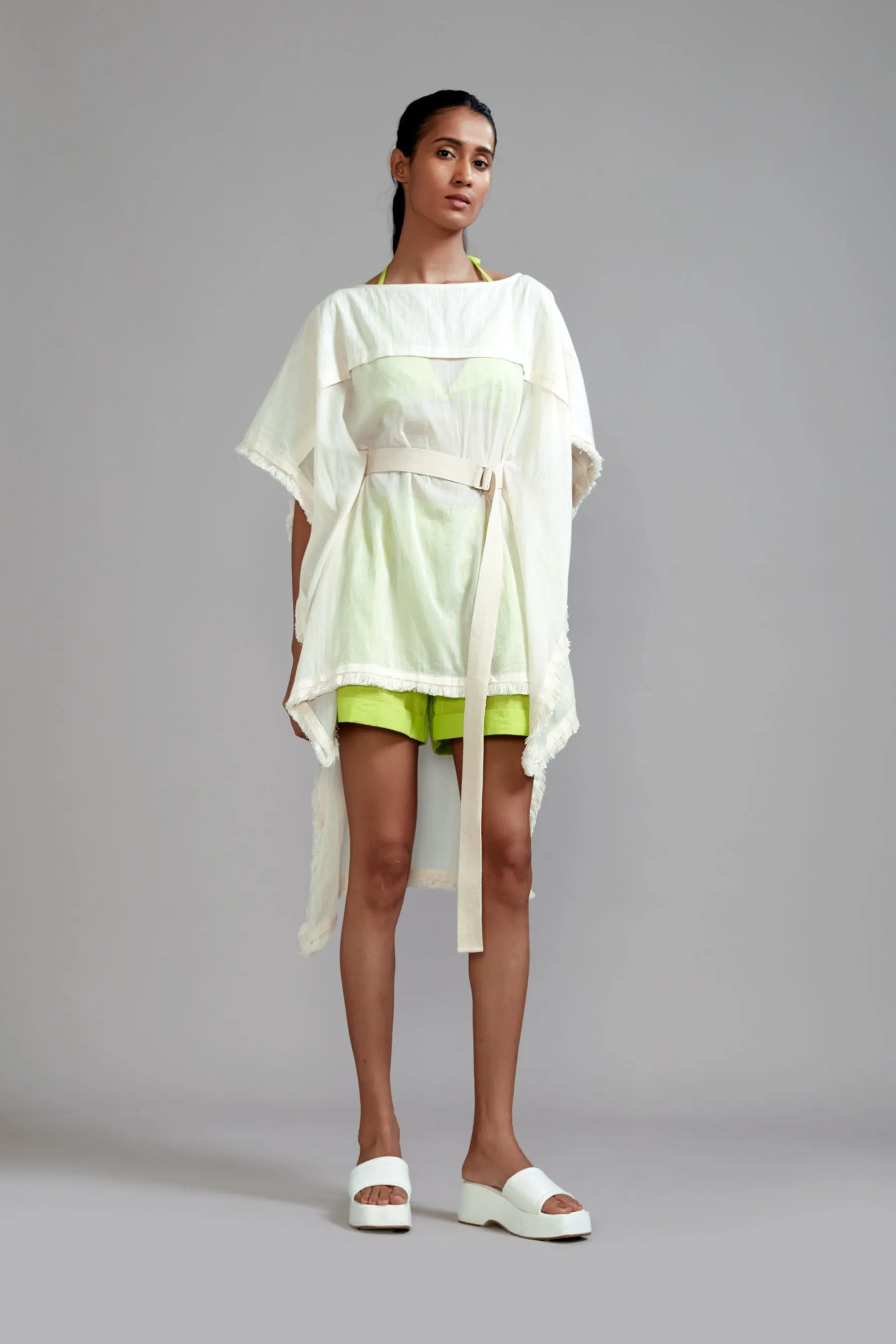 Off-White wIth Neon Green Fringed Kaftan