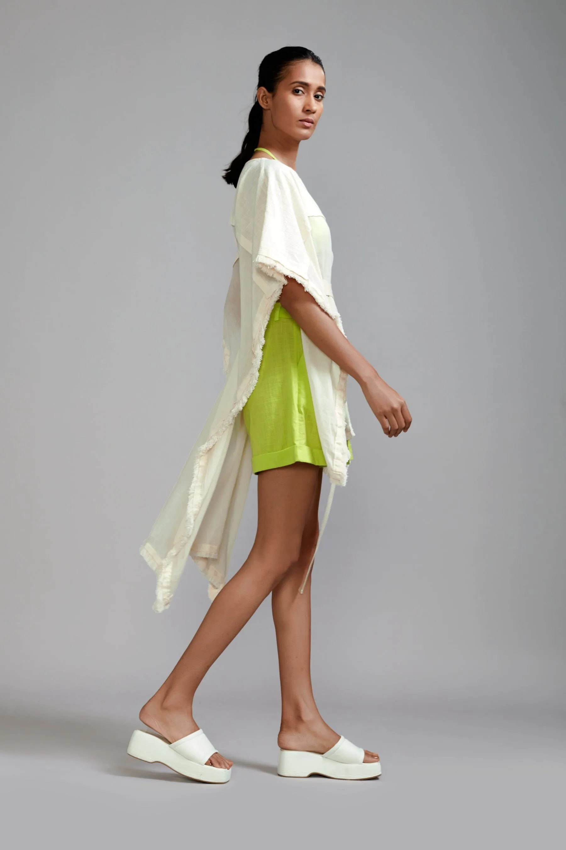 Off-White wIth Neon Green Fringed Kaftan