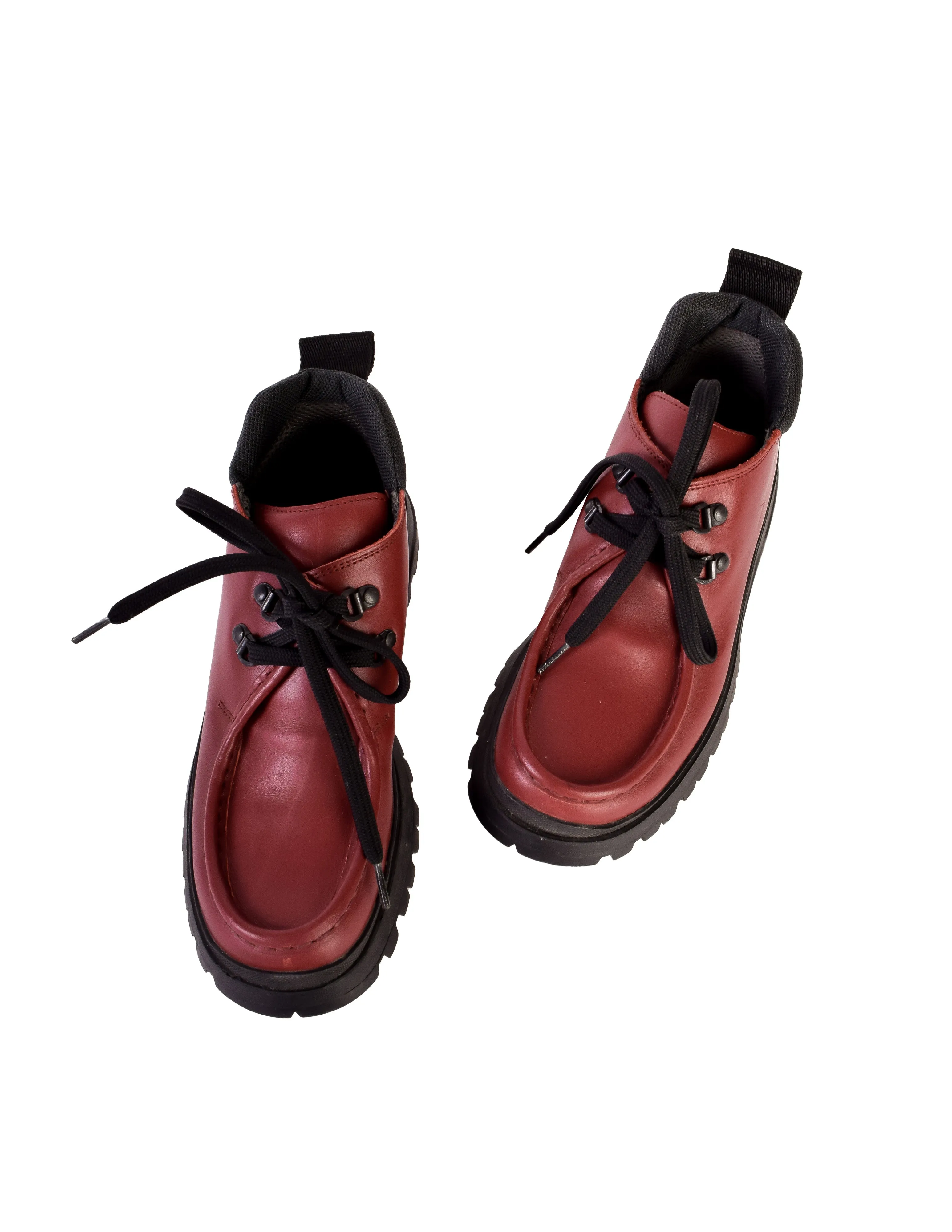 Prada Vintage 1990s Burgundy Red Leather Black Chunky Sole Shoes