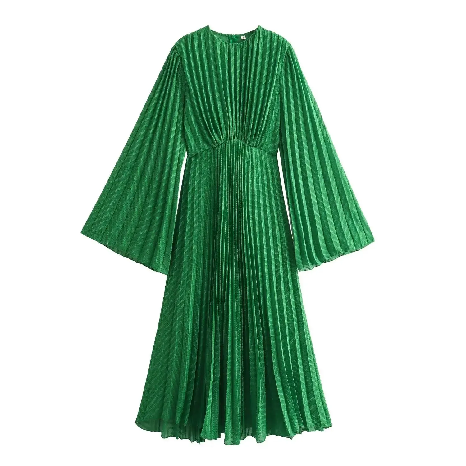 Pre Order:  Green Pleated Round Neck Long Sleeved A-Line Dress