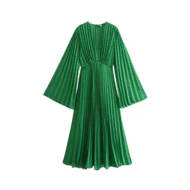 Pre Order:  Green Pleated Round Neck Long Sleeved A-Line Dress