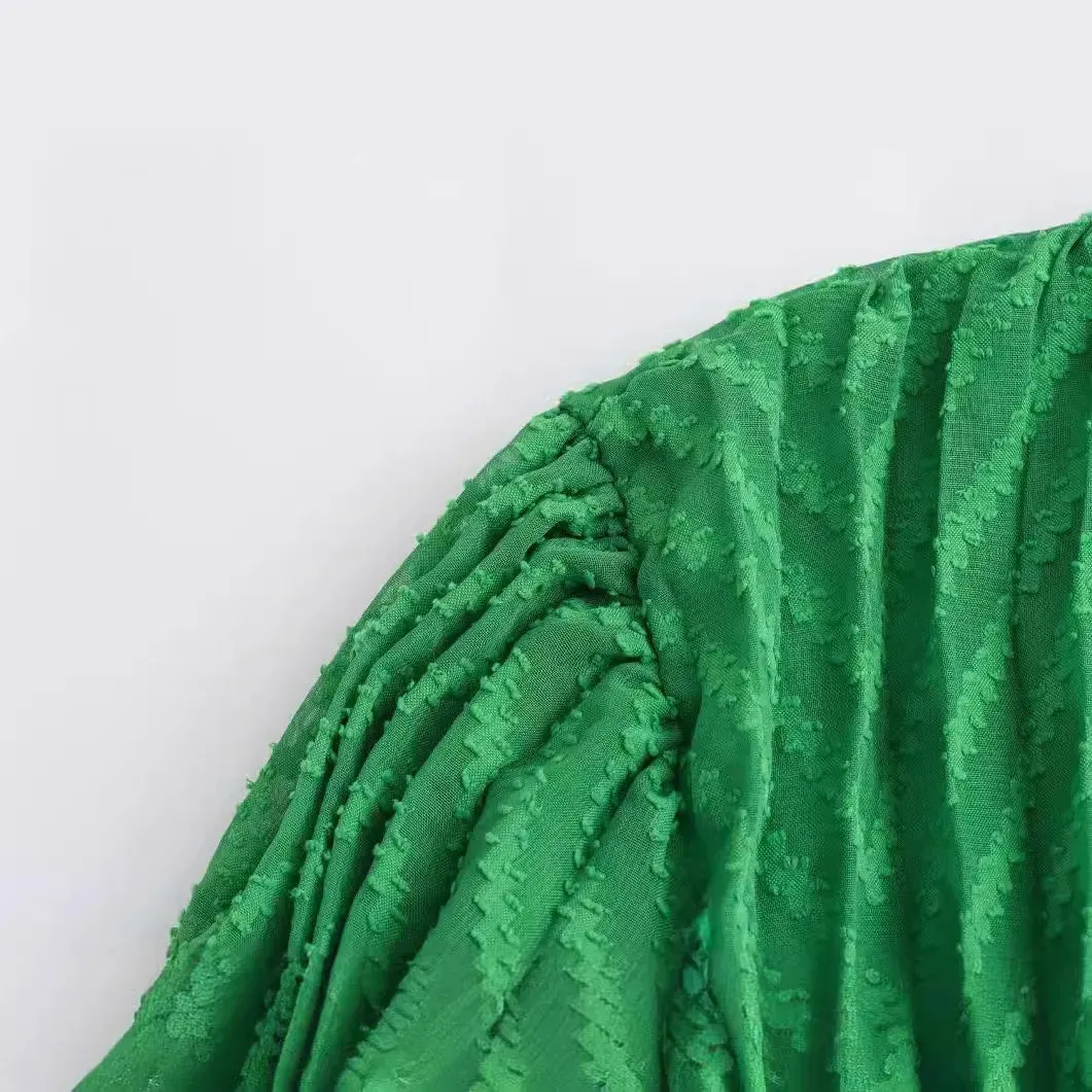 Pre Order:  Green Pleated Round Neck Long Sleeved A-Line Dress