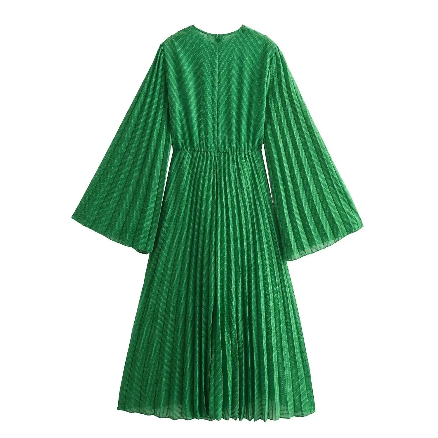 Pre Order:  Green Pleated Round Neck Long Sleeved A-Line Dress