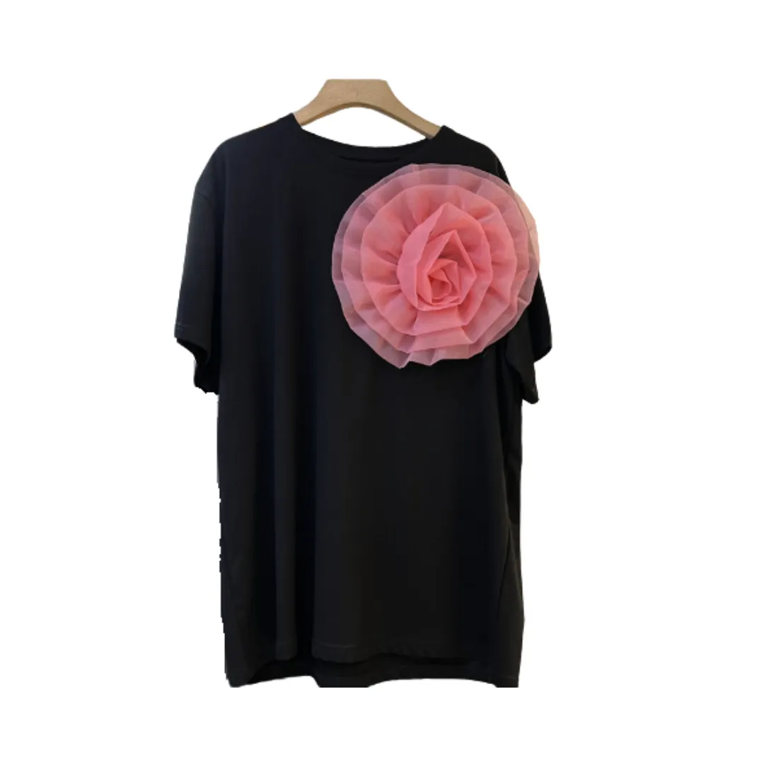 Pre Order:  Solid Round Neck Patchwork Mesh 3D Flower Loose T-Shirt