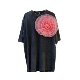 Pre Order:  Solid Round Neck Patchwork Mesh 3D Flower Loose T-Shirt