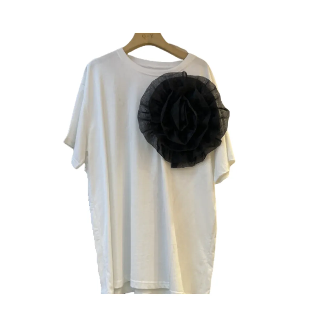 Pre Order:  Solid Round Neck Patchwork Mesh 3D Flower Loose T-Shirt