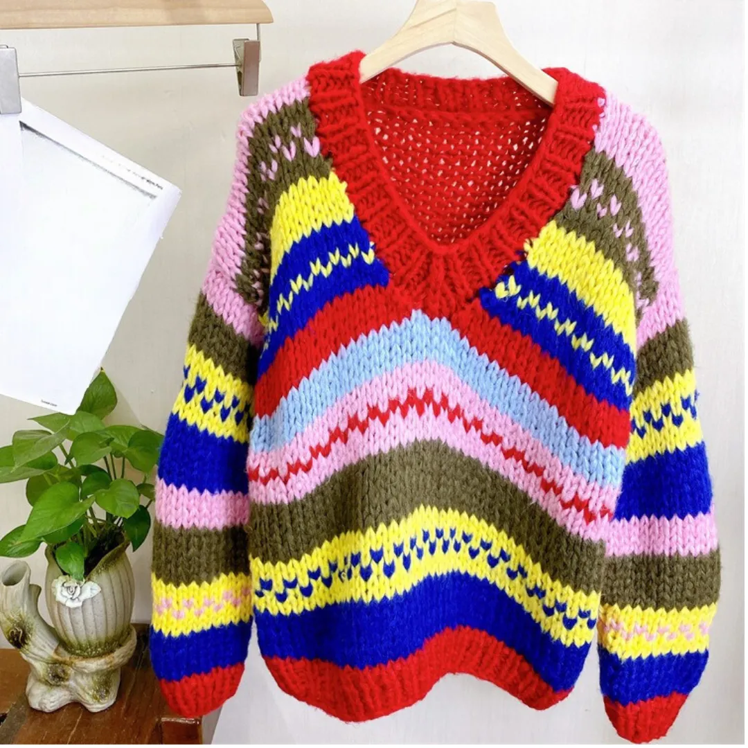 Pre Order:  Thick Rod Needle Knitted Striped Loose Sweater